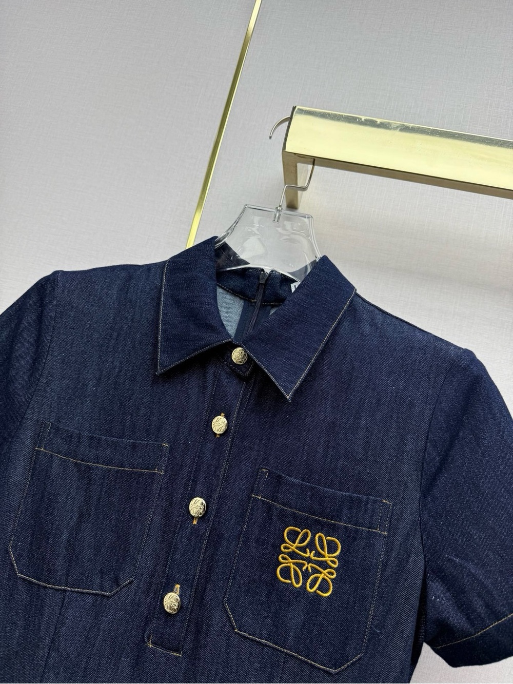 Loewe Dark Blue Denim Short-Sleeve Pleated Midi Dress with Gold Buttons - Picture 4 of 8